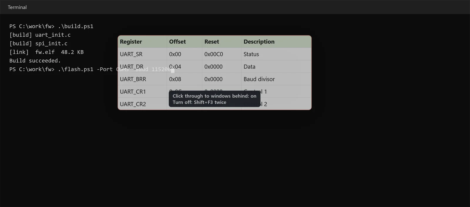 A translucent register table pin above a terminal, showing that click through to windows behind is on