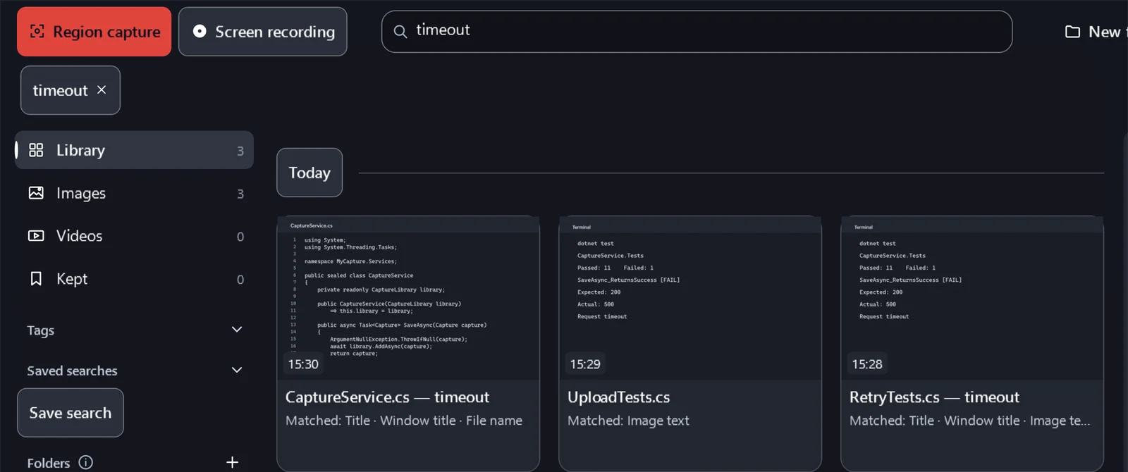 The MyCapture library searched for timeout, showing three captures matched by title, window title, file name or text in the image