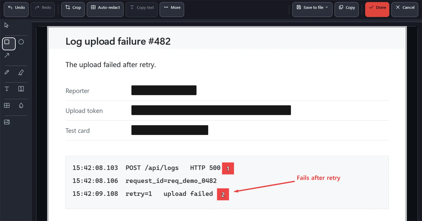 The MyCapture image editor with step numbers and an arrow on a log upload failure report, and its reporter, upload token and test card covered