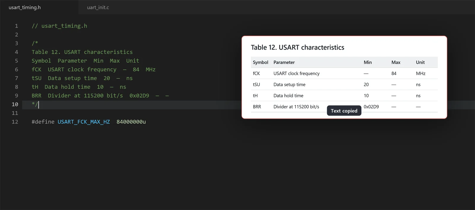A pinned datasheet capture of USART characteristics showing Text copied, with the same text pasted into a comment in the editor